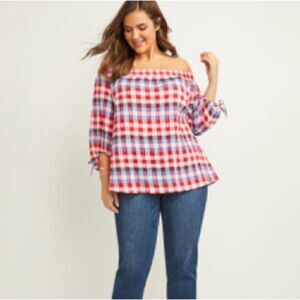 Lane Bryant Red & Blue Checked Gingham Off-Shoulder Top